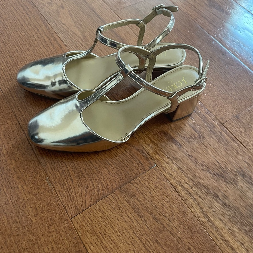 Gold T-Strap Block Heel Sandals